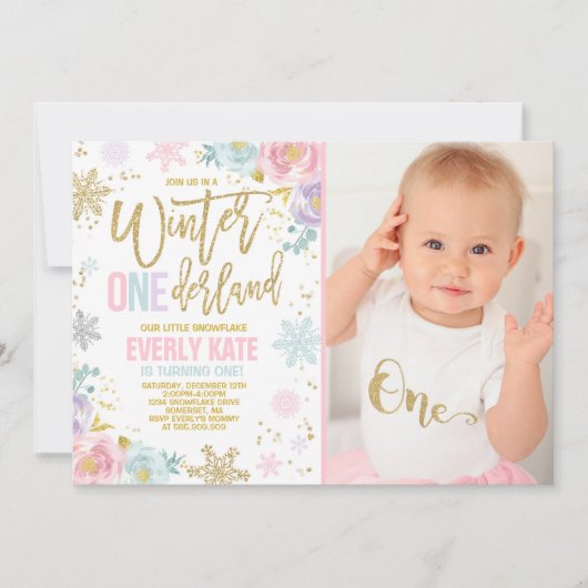 Winter ONEderland verjaardagsuitnodiging Roze Goud Kaart (Voorkant)