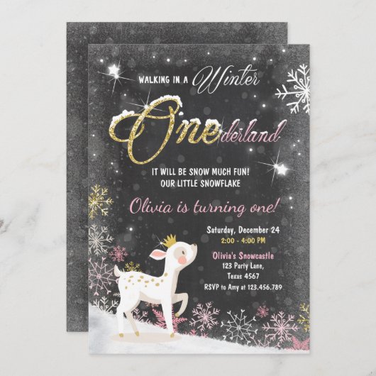 Winter Onederland verjaardagsuitnodiging roze Goud Kaart (Voorkant / Achterkant)