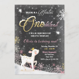 Winter Onederland verjaardagsuitnodiging roze Goud Kaart