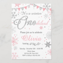 Winter Onederland verjaardagsuitnodiging Roze zilv