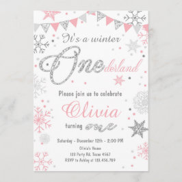 Winter Onederland verjaardagsuitnodiging Roze zilv Kaart