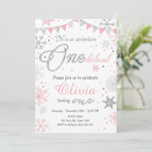 Winter Onederland verjaardagsuitnodiging Roze zilv Kaart (Staand voorkant)