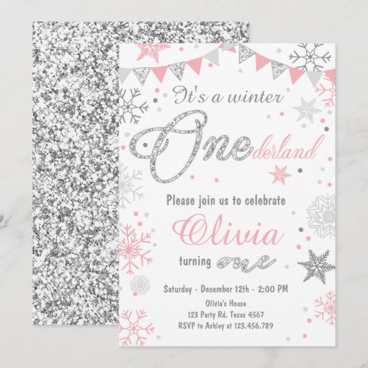 Winter Onederland verjaardagsuitnodiging Roze zilv Kaart (Voorkant / Achterkant)