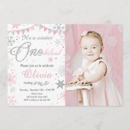 Winter Onederland verjaardagsuitnodiging Roze zilv Kaart