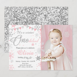 Winter Onederland verjaardagsuitnodiging Roze zilv Kaart