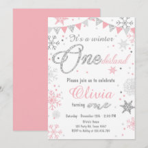 Winter Onederland verjaardagsuitnodiging Roze zilv