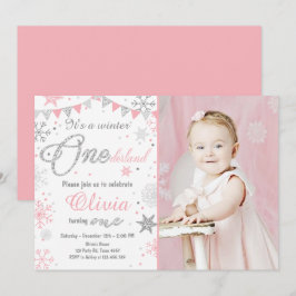Winter Onederland verjaardagsuitnodiging Roze zilv Kaart