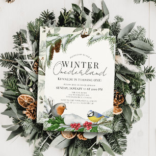 Winter Onederland Vogels & Sneeuw 1e Verjaardag Kaart