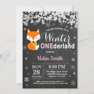 Winter Onederland Vos Meisje 1e Verjaardag Uitnodi Kaart