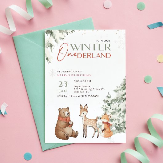 Winter Onederland Watercolor Animal First Birthday Kaart