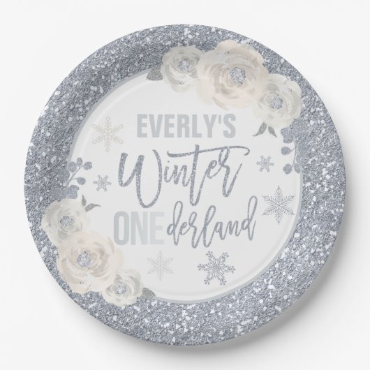 Winter ONEderland White en Silver Floral Decor Papieren Bordje (Voorkant)
