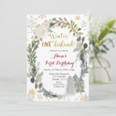 Winter Onederland White Floral Birthday Invitation Kaart (Staand voorkant)