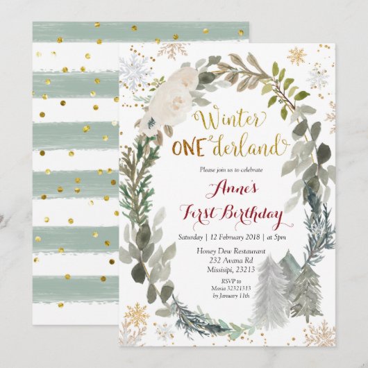 Winter Onederland White Floral Birthday Invitation Kaart (Voorkant / Achterkant)