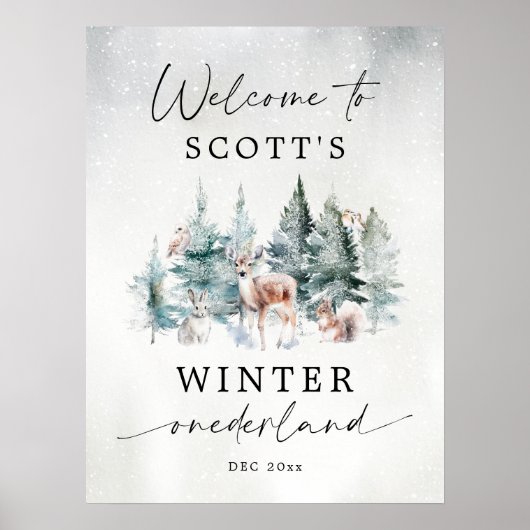 Winter ONEderland Woodland 1st Birthday Welcome Poster (Voorkant)