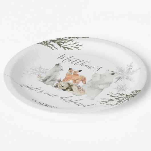 Winter Onederland Woodland Animal Birthday Papieren Bordje (Gekanteld)