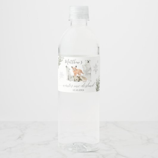 Winter Onederland Woodland Animal Birthday Waterfles Etiket (Voorkant)