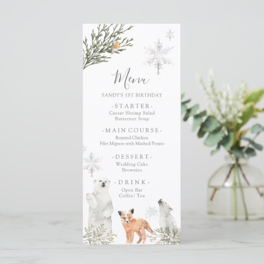 Winter Onederland Woodland Animal Eerste Verjaarda Menu (Staand voorkant)