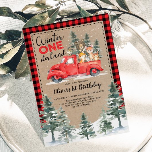 Winter ONEderland Woodland Animals 1e verjaardag Kaart