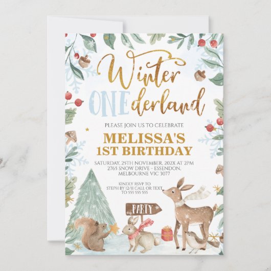 Winter Onederland Woodland Animals Birthday Kaart (Voorkant)
