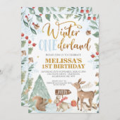 Winter Onederland Woodland Animals Birthday Kaart (Voorkant / Achterkant)