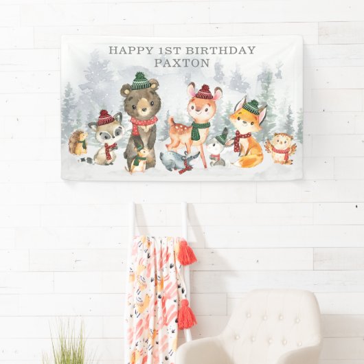 Winter Onederland Woodland Animals Happy Birthday Spandoek (Insitu)