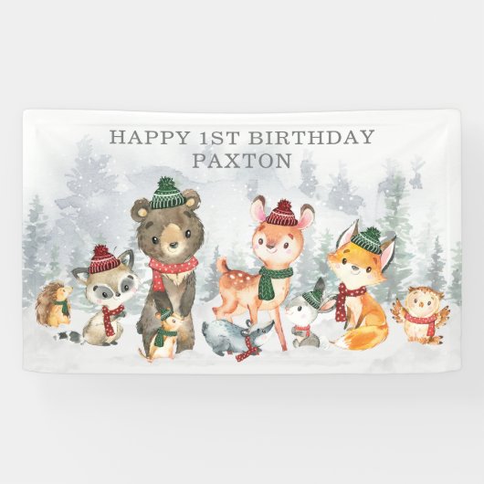 Winter Onederland Woodland Animals Happy Birthday Spandoek (Horizontaal)