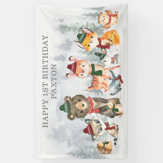 Winter Onederland Woodland Animals Happy Birthday Spandoek (Verticaal)