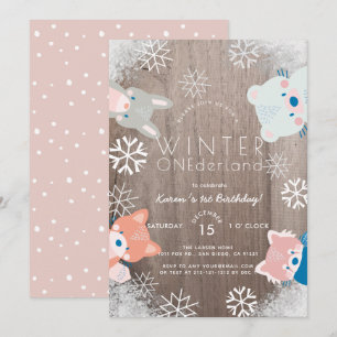 Winter Onederland Woodland Animals Roze Verjaardag Kaart