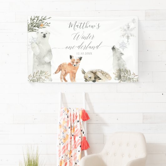 Winter Onederland Woodland Dier Verjaardag Groot Spandoek (Insitu)