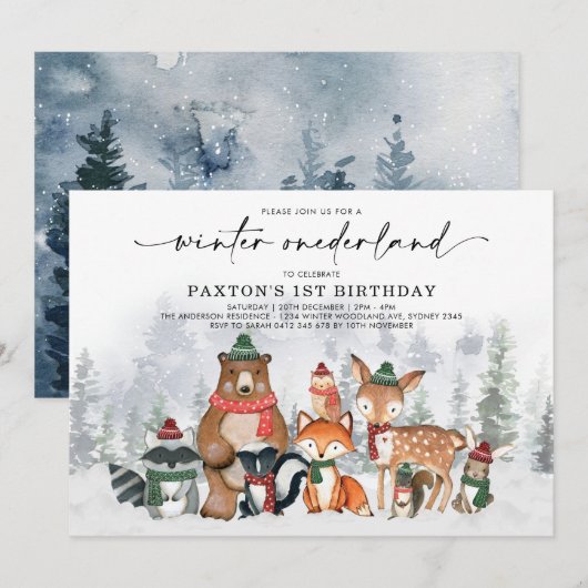 Winter Onederland Woodland Forest 1st Birthday Kaart (Voorkant / Achterkant)