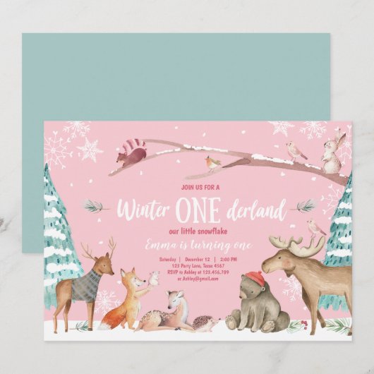 Winter ONEderland Woodland Pink Birthday Kaart (Voorkant / Achterkant)