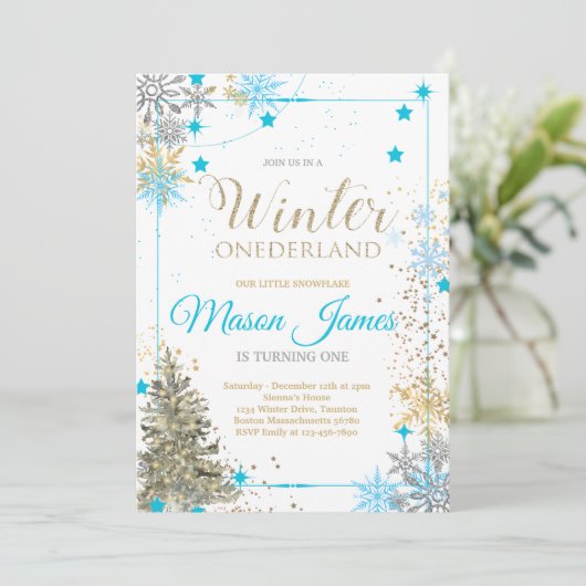 WINTER ONEderland Zilver Blauw & Goud 1e verjaarda Kaart (Staand voorkant)