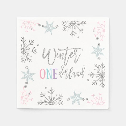 Winter ONEderland Zilver Bloemen Roze Glitter Meis Servet (Voorkant)
