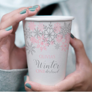 Winter Onederland Zilver en Roze Sneeuwvlok Papieren Bekers