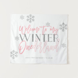 Winter ONEderland Zilver Glitter Roze Welkom Bord Wandkleed