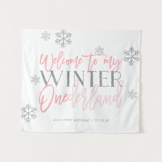 Winter ONEderland Zilver Glitter Roze Welkom Bord Wandkleed (Voorkant (horizontaal))