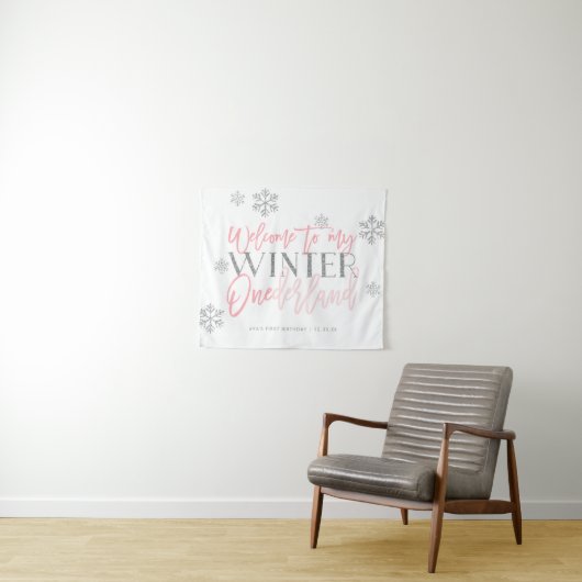 Winter ONEderland Zilver Glitter Roze Welkom Bord Wandkleed (In Situ (horizontaal))