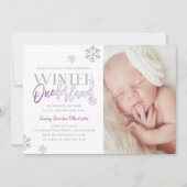 Winter ONEderland Zilver Paarse 1e Verjaardag Foto Kaart (Voorkant)