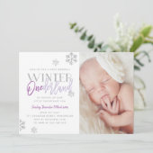Winter ONEderland Zilver Paarse 1e Verjaardag Foto Kaart (Staand voorkant)