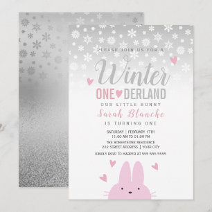 Winter Onederland Zilver Roze 1e Verjaardag Kaart