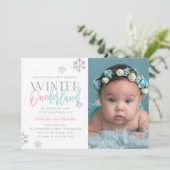 Winter ONEderland Zilver Roze Blauw 1e Dag Foto Kaart (Staand voorkant)