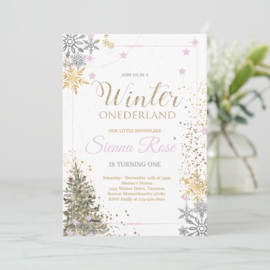 WINTER ONEderland Zilver Roze & Goud 1e Verjaardag Kaart (Staand voorkant)