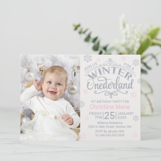 Winter Onederland Zilver Roze Sneeuwvlok 1e Kaart (Staand voorkant)