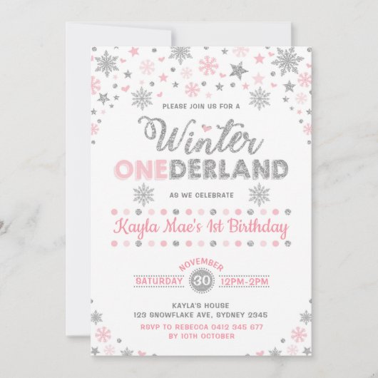 Winter ONEderland Zilver Roze Sneeuwvlok Verjaarda Kaart (Voorkant)