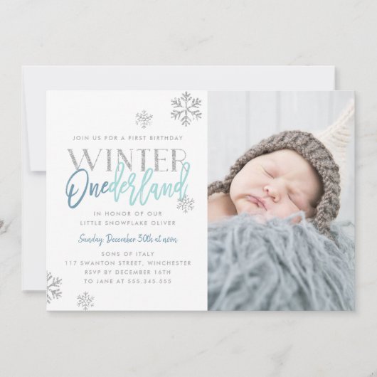 Winter ONEderland Zilveren Blauw 1e Verjaardag Fot Kaart (Voorkant)