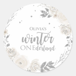 Winter Onederland Zilveren Glitter Bloem Ronde Sticker