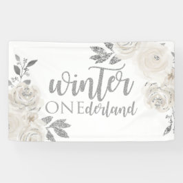 Winter Onederland Zilveren Glitter Bloemen Spandoek