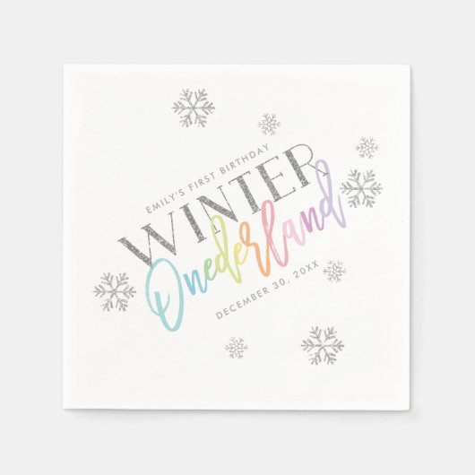 Winter ONEderland Zilveren Glitter Regenboog 1e Da Servet (Voorkant)