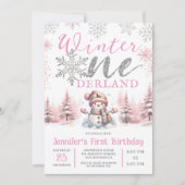 Winter Onederland Zilveren Glitter Roze 1e Verjaar Kaart (Voorkant)