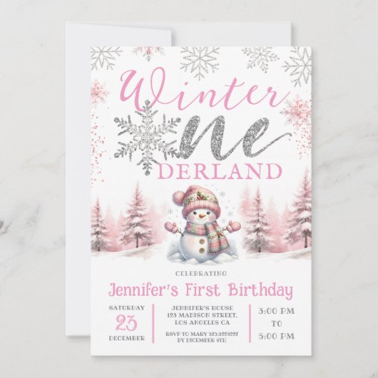 Winter Onederland Zilveren Glitter Roze 1e Verjaar Kaart (Voorkant)